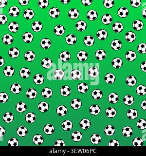 Fußbälle auf grünem Hintergrund. Zahlreiche Fußballbälle mit schwarz-weißen Panels, wie sie im Verbandsfußball verwendet werden. Stockfoto