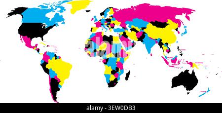 Politische Karte der Welt in CMYK-Farben mit Ländernamen. Isoliert auf weißem Hintergrund. Vektorabbildung. Stock Vektor