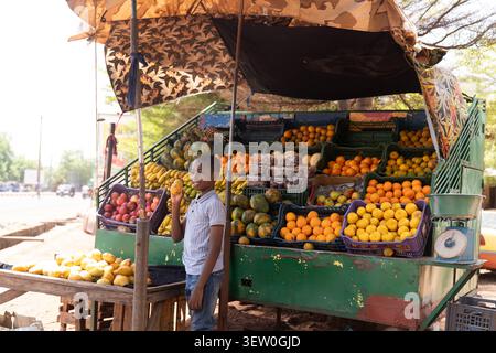 Auf dem Markt hält ein afrikanischer Junge mit einer Mango in der Hand, umgeben von farbenfrohen tropischen Produkten. Stockfoto