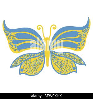 Schmetterling mit gelben und blauen Mustern. Vektorillustration auf weißem Hintergrund isoliert. Stock Vektor