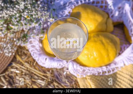 Eine Nahaufnahme eines Glases gefüllt mit Sprudelwasser und zwei kleinen Gänseblümchen, in einen Korb mit ganzen Zitronen und weißen Blumen auf Strohhalm gelegt. Stockfoto