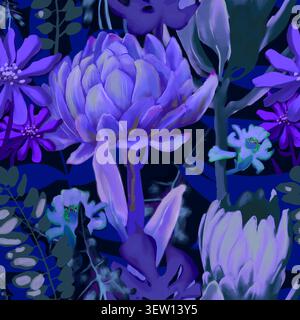 Mystisches Midnight Dschungel Floral nahtloses Muster mit Protea Blumen Stockfoto
