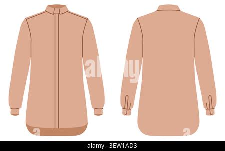 Beigefarbenes Klerikhemd mit Mandarinkragen, sauberer Knopfleiste, langen Ärmeln und minimalistischer Silhouette mit strukturierten Linien und glatten Nähten. Illustration technischer Mode in flacher Farbe, Vorder- und Rückansicht. Vektor Stock Vektor