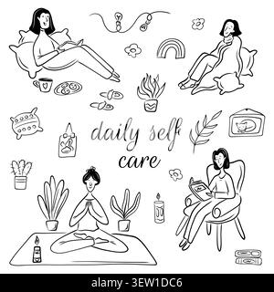 Vektorillustration von Mädchen, die sich um ihre psychische Gesundheit im Doodle-Stil kümmern. Selbstpflege, Harmony Stock Vektor