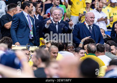 Miami, USA. Juni 2026. FIFA-Präsident Gianni Infantino beobachtet das Spiel zwischen Brasilien und Schottland am Mittwoch (24) auf der Tribüne im Hard Rock Stadium in Miami Gardens, Florida, USA. für die Gruppenphase der FIFA Fussball-Weltmeisterschaft 2026. Quelle: Danilo Fernandes/FotoArena/Alamy Live News Stockfoto