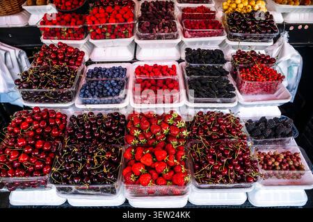Lebhafte Marktpräsentation mit saisonalen Beeren. Buntes Sortiment an frisch geernteten Beeren und Kirschen, ordentlich in Plastikbehältern auf einem Markt angeordnet Stockfoto