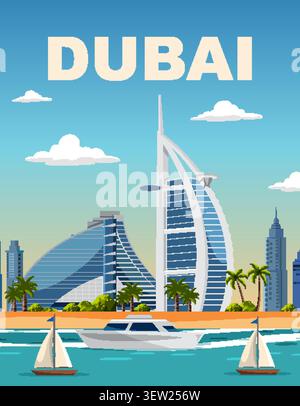 Minimalistische Vektor-Illustration der Skyline von Dubai mit Luxushotels, Palmen und Küstenbooten Stock Vektor