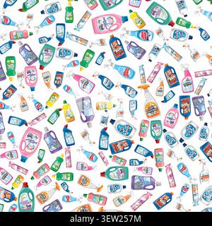 Flache Vektorillustration von verschiedenen Reinigungs-, Bleichmittel- und Seifenflaschen auf weißem Hintergrund. Stock Vektor