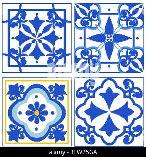 Traditionelle blaue und weiße Keramikfliesen mit symmetrischen floralen und geometrischen Vektormotiven. Stock Vektor