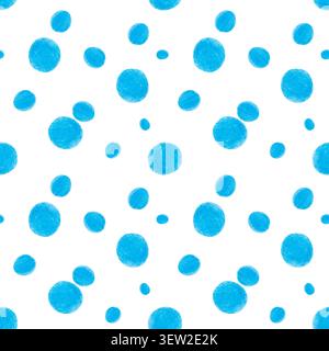 Nahtloses Muster mit blauen Polka Dots auf isoliertem Hintergrund. Schnee-Imitation-Zeichnung mit Farbstiften für Kinderproduktverpackung, Textil Stockfoto