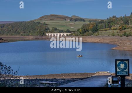 Ein kleines Ruderboot auf dem Ladybower-Reservoir auf sehr niedrigem Niveau Stockfoto
