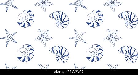 Minimales Linienbild blaue nautilus Muscheln und Seesterne nahtloses Muster auf weißem Hintergrund flach Stock Vektor