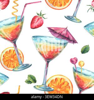 Nahtloses Muster mit Cocktails in Aquarellen, Orangenscheiben und Erdbeeren. Tropische Sommergetränke mit Regenschirm und Stroh. Handgezeichnete Illustrationen für Stockfoto