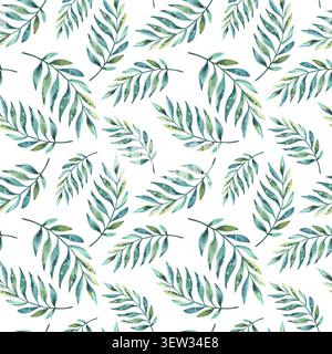 Nahtloses Aquarellmuster mit handgezeichneten exotischen Farnblättern. Tropisches botanisches Muster für Textil- und Briefpapier im Sommer Stockfoto
