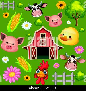 Flache Vektorillustration von Nutztieren, Mais und Blumen auf einem grünen Hintergrund. Stock Vektor