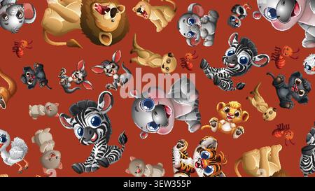 Vektor-Illustration von verschiedenen Baby-Wildtier-Charakteren in einem spielerischen sich wiederholenden Muster-Design angeordnet. Stock Vektor