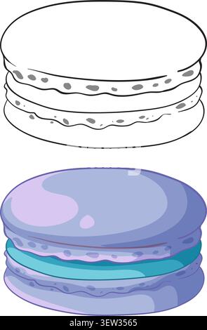 Ein lila Macaron mit blauer Füllung und einer schwarz-weißen Strichgrafik-Version Stock Vektor