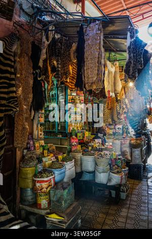 MAROKKO, MARRAKESCH - 03. Dezember 2017: Ein Marktstand im Marrakesch-Souk bietet Säcke mit Gewürzen auf dem Boden und Tierhäute, die am C hängen Stockfoto