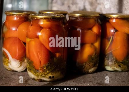 Reihen eingelegter roter Tomaten in Glasbehältern, die traditionelle Herbstkonservierungsmethoden darstellen, die in einem kühlen Keller für gesunde Lebensmittel gelagert werden Stockfoto