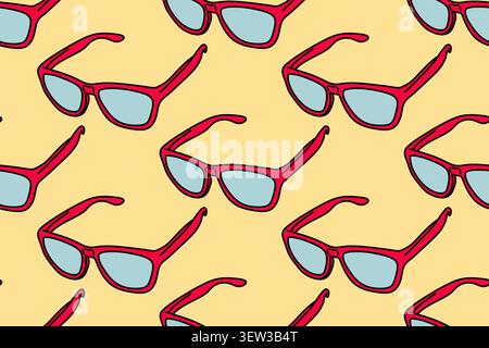 Nahtloses Muster der roten Sonnenbrille auf pastellgelbem Hintergrund. Textil- oder Verpackungsdesign. Stockfoto
