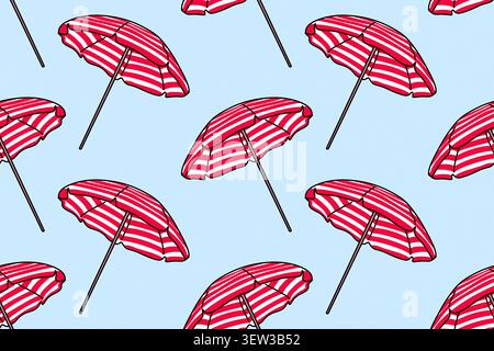 Nahtloses Muster des Sommerschirms mit roten und weißen Streifen auf hellblauem Hintergrund. Textil- oder Verpackungsdesign. Stockfoto
