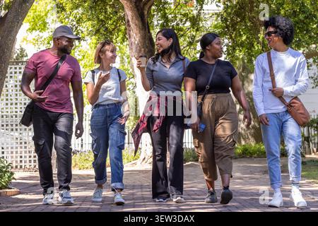 Verschiedene Freunde, die auf einem von Bäumen gesäumten Gehweg auf dem Campus spazieren und sich unterhalten, halten Kaffee und Smartphones. Outdoor, Gruppe, Freizeit, sonnig, Pfad, Schatten, offen Stockfoto