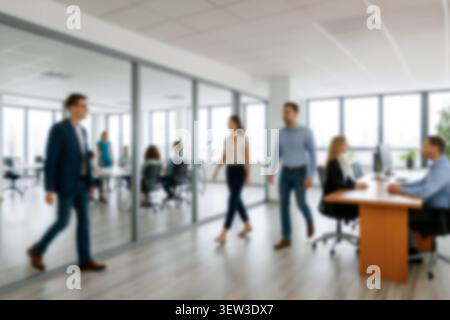 Geschäftsleute, die im Flur eines modernen Bürozentrums spazieren, haben Bewegungsunschärfen hervorgerufen. Geschäftiger, überfüllter, heller, defokussierter Hintergrund der Firmenlobby. Stockfoto