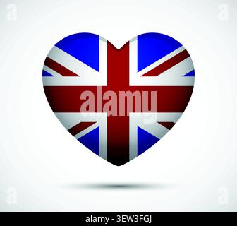 Lebendiges, herzförmiges Design mit der ikonischen Flagge Großbritanniens, perfekt für Konzepte von Liebe, Patriotismus und kultureller Identität in vario Stock Vektor