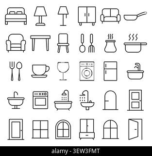 Eine minimalistische Kunstsammlung mit verschiedenen Haushaltsgegenständen und Möbelikonen. Perfekt für Wohnkultur und Design. Stock Vektor