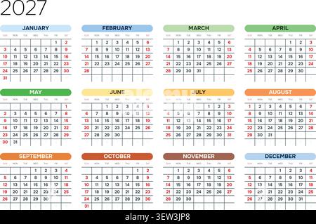 Englisch 2027 Horizontal 4x3 Raster Grün Botanischer Jahreskalender umweltfreundliches Poster-Layout (kompatibel mit 2038 und 2049). Stock Vektor