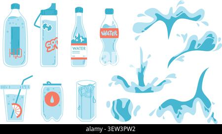 Wasserflaschenset und Spritzelemente Stock Vektor