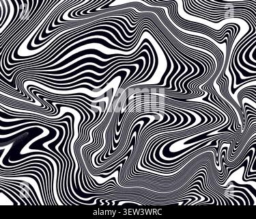 Ein auffälliger abstrakter Hintergrund mit fließenden, schwarz-weißen marmorierten Wellenlinien. Dieses hypnotische, kontrastreiche Muster ist perfekt für modernes Design Stockfoto
