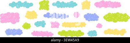 Set aus Kritzelkreiden bunten flauschigen Wolken. Aufkleber für Schule, Kindergarten, Scrapbook Designs. Pastellfarbene, flippige Freihandskizze. Pinsel, Wasserkol Stock Vektor