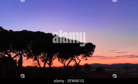 Panoramablick auf einen wunderschönen Sonnenuntergang über den sanften Hügeln der toskanischen Landschaft in Italien, mit Silhouetten von Zypressen unter einem klaren o Stockfoto