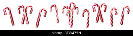 3D-Zuckerstange, Fruchtstangen-Ornament. Realistisches gestreiftes Zuckerbonbon, Feiertagsvektor. Glänzendes glasiertes Lebensmittelset, glänzende Gerstenstreifen. Rotes Muster-Emoji Stock Vektor