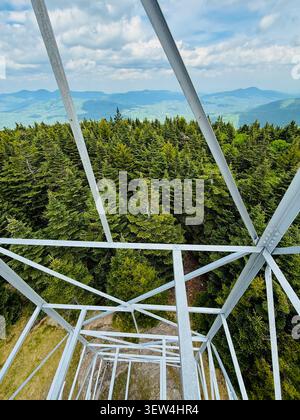 Blick von der Spitze der Stufen des Hunter Mountain Fire Tower. Atemberaubender, weitläufiger Blick auf die Berge, die Region, den Bundesstaat New York und darüber hinaus. Stockfoto