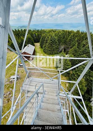 Blick von der Spitze der Stufen des Hunter Mountain Fire Tower. Atemberaubender, weitläufiger Blick auf die Berge, die Region, den Bundesstaat New York und darüber hinaus. Stockfoto