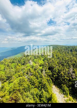 Blick von der Spitze der Stufen des Hunter Mountain Fire Tower. Atemberaubender, weitläufiger Blick auf die Berge, die Region, den Bundesstaat New York und darüber hinaus. Stockfoto