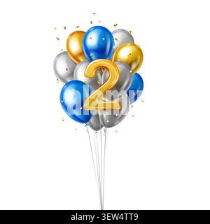 Ein lebhafter Bouquet aus metallischen Ballons, die die Nummer zwei bilden, umgeben von goldenem Konfetti. Stock Vektor