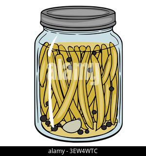 Vektor-Illustration von eingelegten grünen Bohnen in einem Glas mit Pfeffer und Knoblauch Stock Vektor