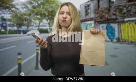 Frau, die Papiertüte und Smartphone hält und die Tasche hoch hält, neben einer mit Graffiti bedeckten Wand und Pollern auf einer Stadtstraße; Frustrationskost Stockfoto