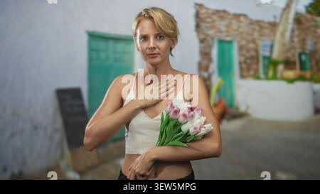 Eine Frau mit rosa Tulpen berührt ihre Nase auf einer Straße mit grüner Tür und Steinmauer; ruhige Reflexion. Stockfoto