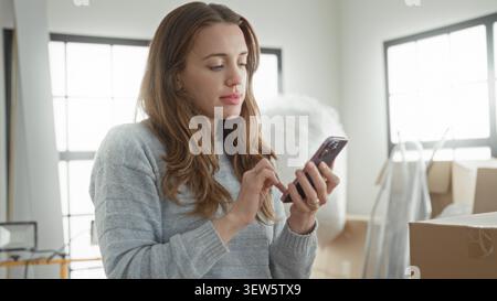 Frau, die im Studio neben gestapelten Kartonschachteln und Verpackungsmaterialien mit dem Finger auf das Smartphone klopft; ruhige Planung. Stockfoto