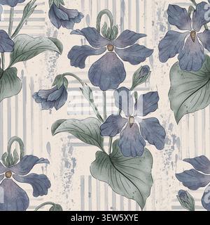 Aquarellblau Viola nahtloses Muster mit abstrakten Streifen und Textur Stockfoto