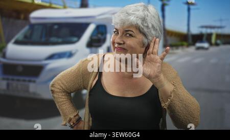 Frau winkt Hand vor der Kamera vor einem weißen Van auf einem Straßenrand, trägt Strickjacke und Tanktop; verspielter Trotz. Stockfoto