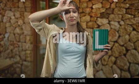 Junge Frau mit grünem Lernschild am Hauseingang durch die Tür, die ein Zeichen auf der Stirn mit skeptischem Ausdruck macht; Spott. Stockfoto