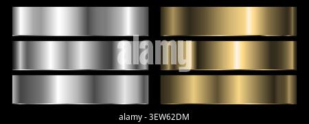 Eine Reihe von Silber- und Gold-Metallic-Verläufen. Vektorsammlung von Metallverläufen für Chromknopf, Band, Messing-Metallrahmen, Etikettendesign. Stock Vektor
