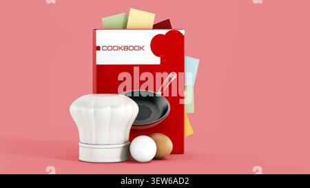 Kochbuch und Küchenutensilien isoliert auf rosa Hintergrund. 3D-Abbildung. Stockfoto