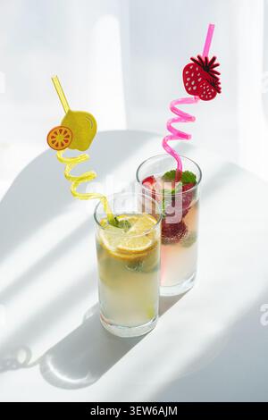 Zwei große Gläser gefüllt mit erfrischender Limonade und Erdbeersoda, garniert mit frischen Obstscheiben, Minzblättern und bunten lockigen Strohhalmen, casti Stockfoto