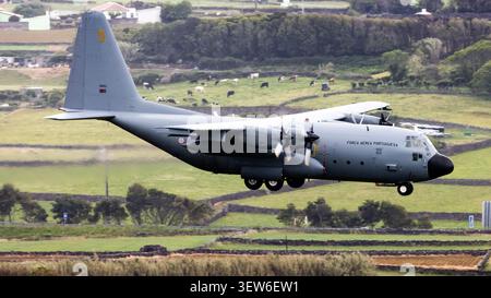 Die portugiesische Luftwaffe C-130H Hercules landet auf dem Luftwaffenstützpunkt Lajes, Azoren, Portugal Stockfoto